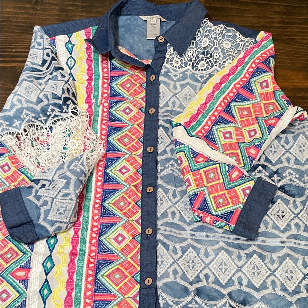 John Mark Multicolor Patterned Button-Up Top Embr… - image 8